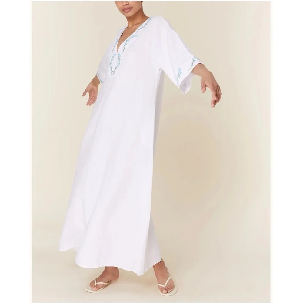 NWT Andie x Fanm Mon KEPEZ DRESS LINEN CAFTAN NEW White Blue EMBROIDERED size XL - Picture 3 of 11